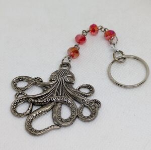 Octopus Keychain Silver Tone Red Acrylic Beads Handmade Purse Charm Key Ring